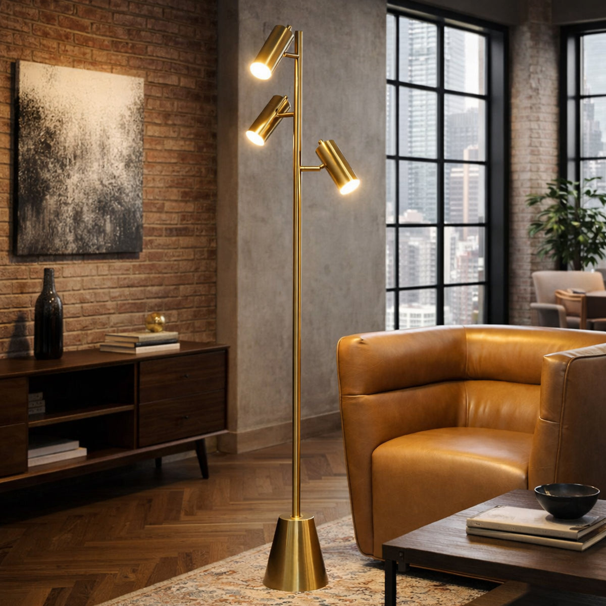 Gold Floor Lamp With 3 Adjustable Spotlights, Brass Metal Tree Lamp With Cone Base, 63 in.