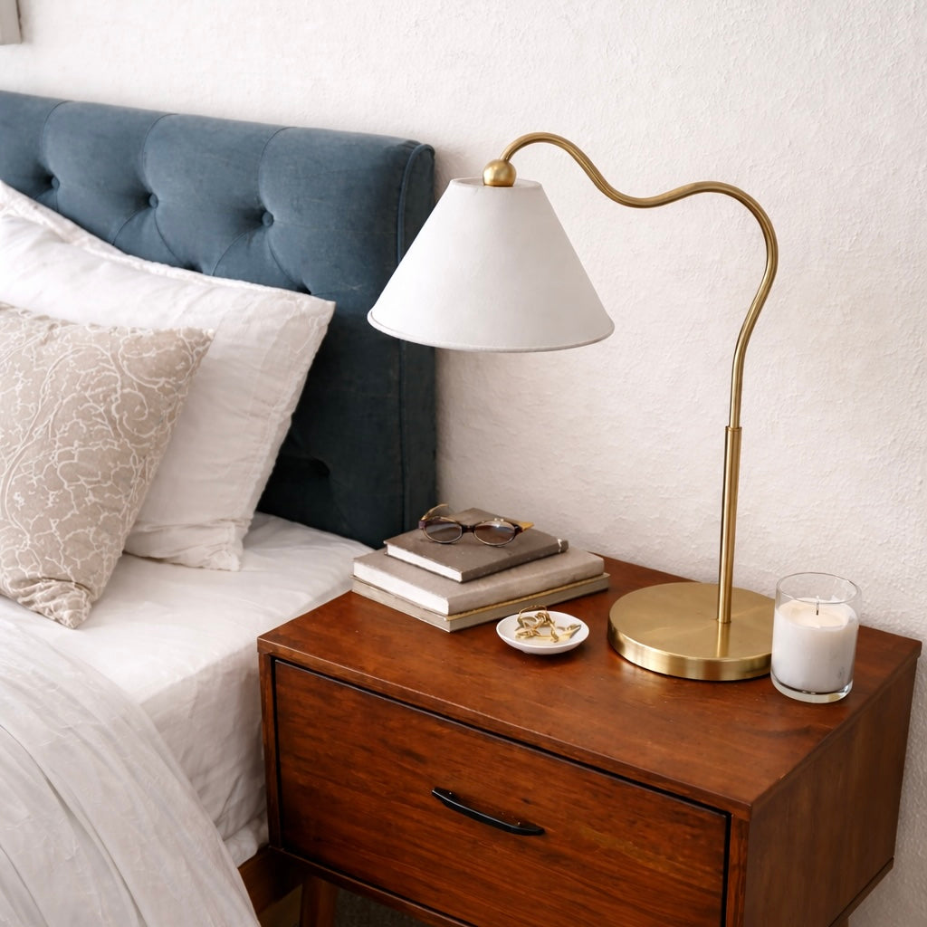 Curved Brass Table Lamp With White Fabric Shade, Gold Metal Ring Base Bedside Lamp, 22 Inches