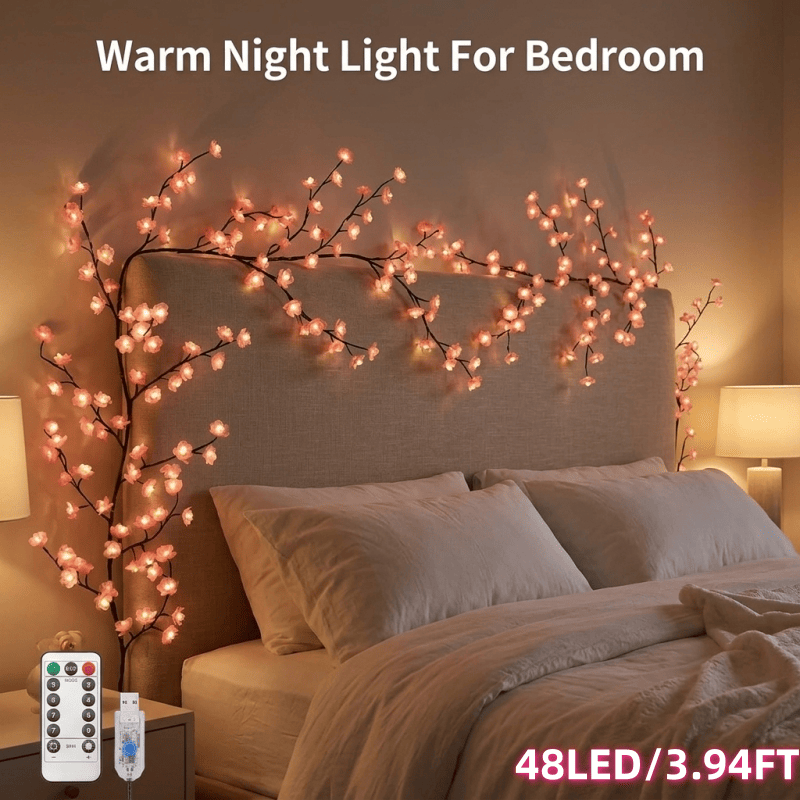 Cherry Blossom Vine Lights, LED Tree Branch Wall Lights With Remote and 8 Modes, Pink Blossom Garland for Bedroom Decor