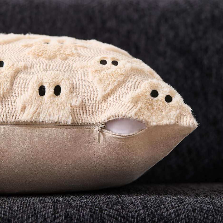 Halloween Ghost Pillow Covers, Set of 2, 18x18 Inch Beige Plush Throw Cushion Cases With Hidden Zipper