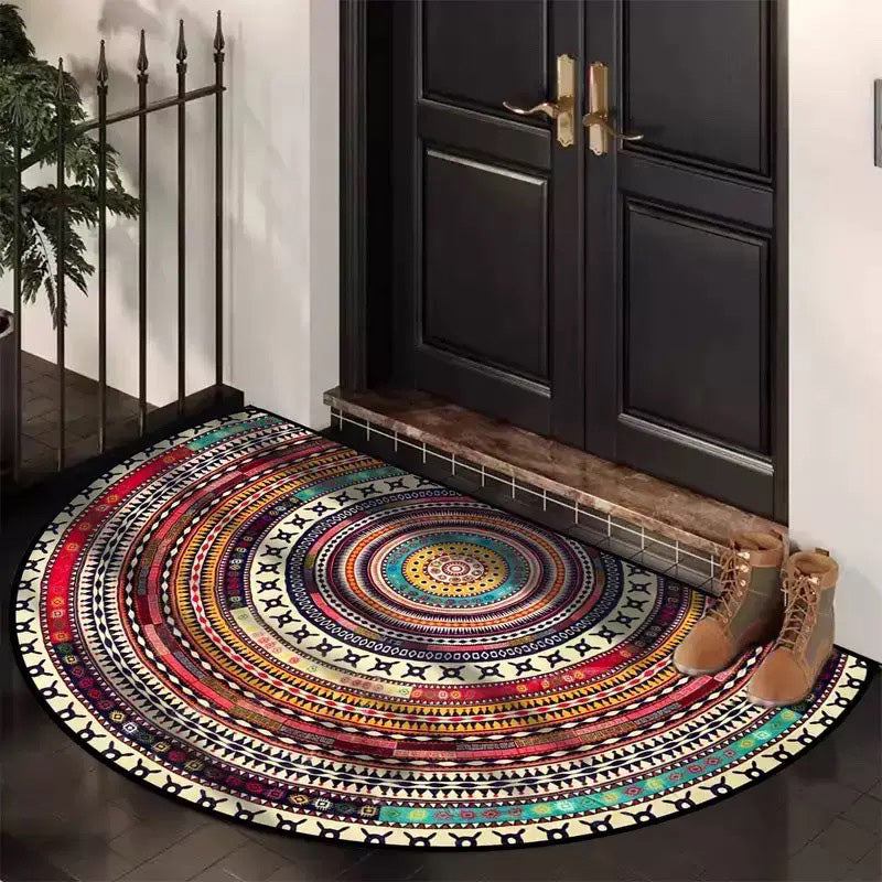 Bohemian Half Round Door Mat, Mandala Semi Circle Non-Slip Entryway Rug in Multicolor, 3 Sizes