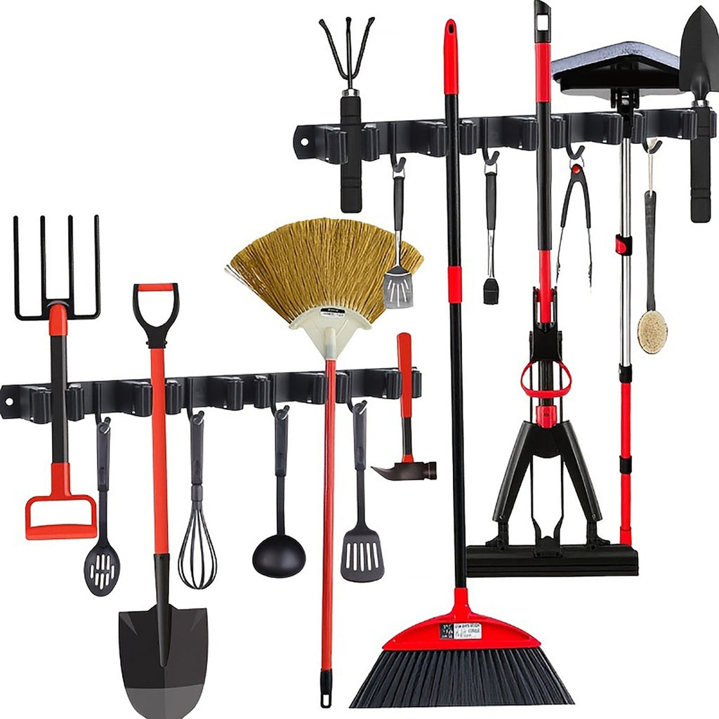 Broom and Mop Holder Wall Mount, Black Stainless Steel Garden Tool Organizer with 5 Slots and 4 Hooks, 17 in