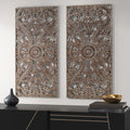 Distressed Carved Wood Wall Decor Set, 2 Piece Bronze Lotus Floral Panels, 15.75" x 31.5"