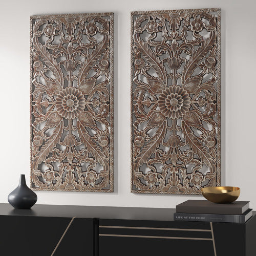 Distressed Carved Wood Wall Decor Set, 2 Piece Bronze Lotus Floral Panels, 15.75" x 31.5"