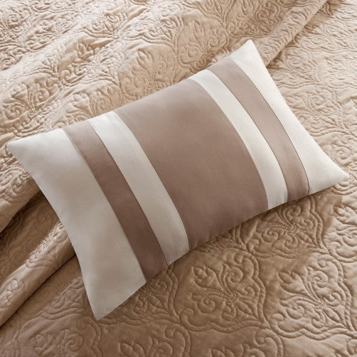 7 Piece Reversible Quilt Set With Euro Shams and Throw Pillows, Beige Full/Queen, Medallion Quilted Bedding