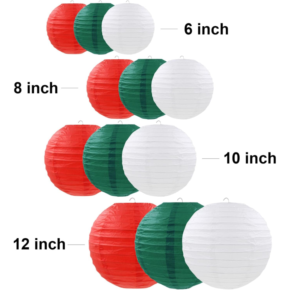Christmas Paper Lanterns, 12 Pack Red Green White Hanging Lanterns in 4 Sizes for Holiday Party Decor