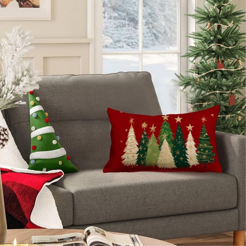 Christmas Tree Lumbar Pillow Cover, 12x20 Red Polyester Linen Xmas Throw Pillowcase