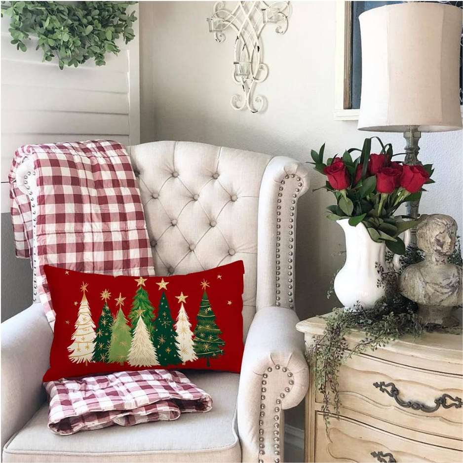 Christmas Tree Lumbar Pillow Cover, 12x20 Red Polyester Linen Xmas Throw Pillowcase
