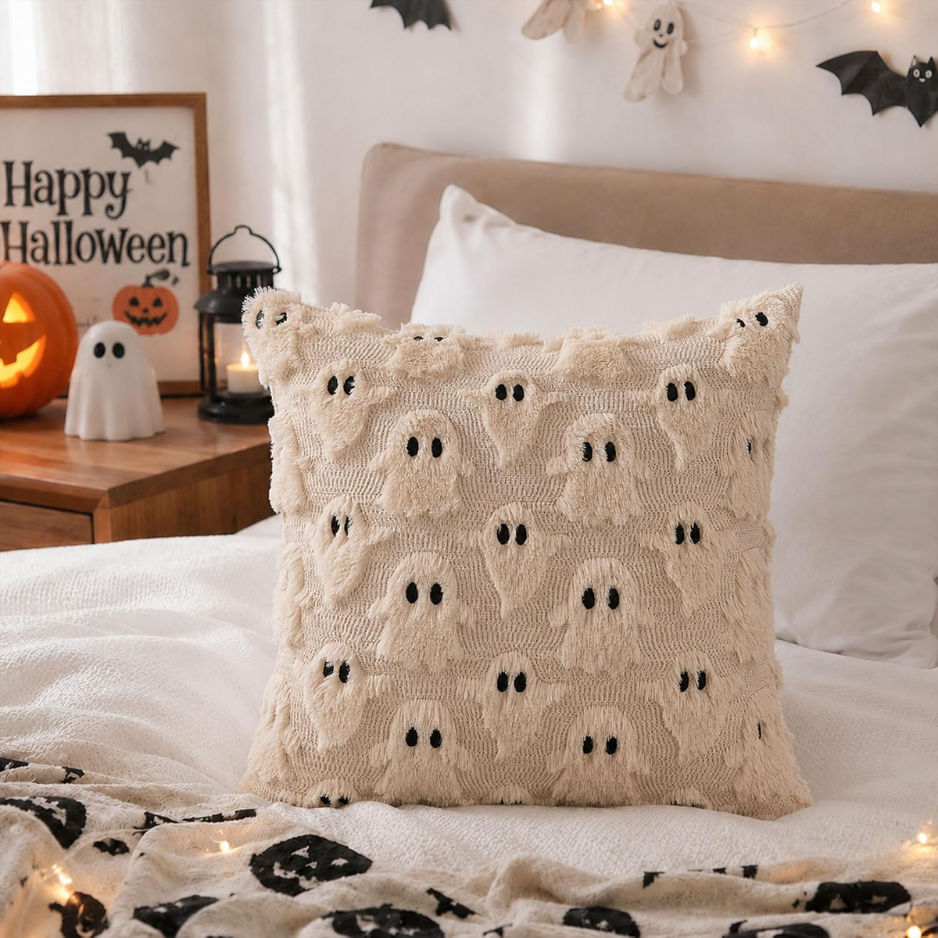 Halloween Ghost Pillow Covers, Set of 2, 18x18 Inch Beige Plush Throw Cushion Cases With Hidden Zipper