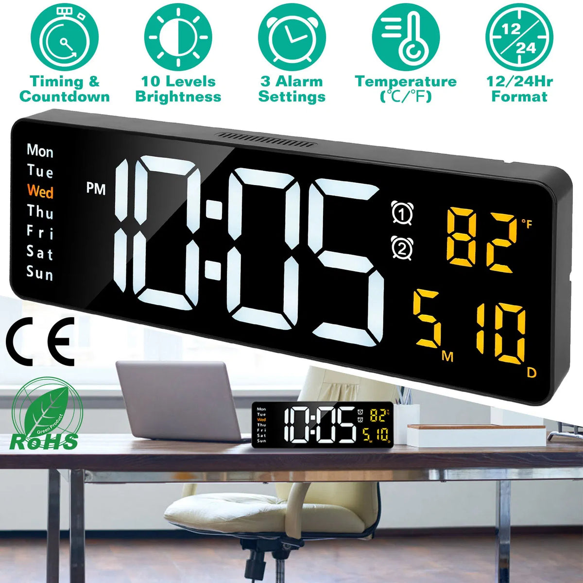 LED Digital Wall Clock, 15.7 in Black Display With Remote, 3 Alarms, Temperature and Calendar