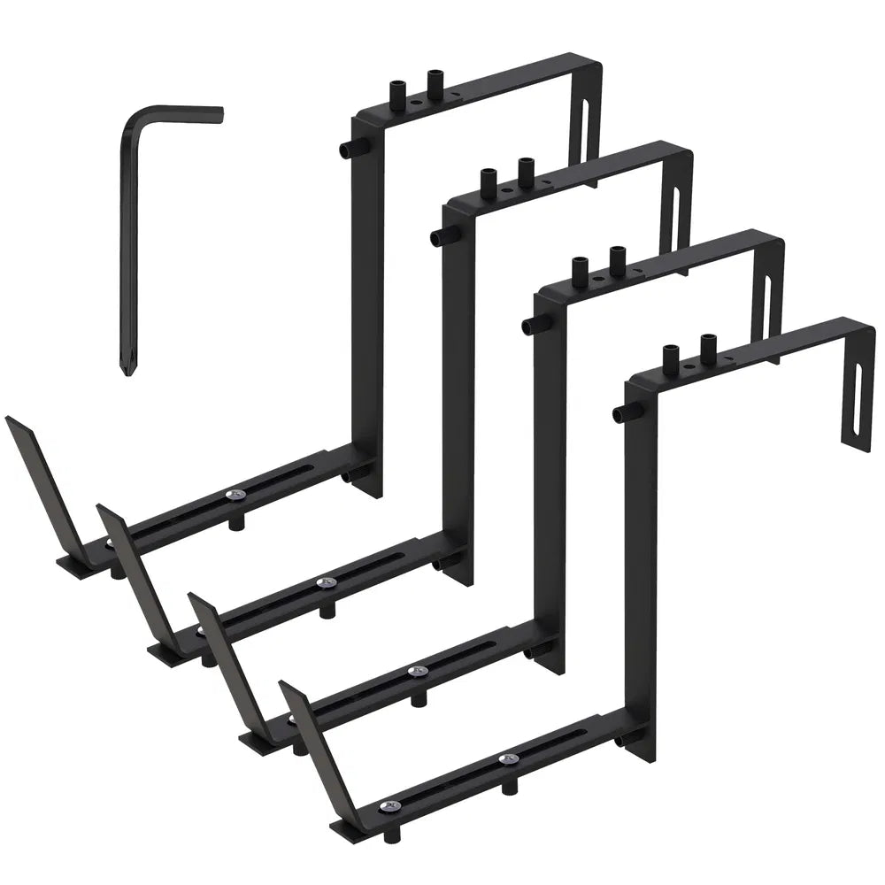 Adjustable Planter Box Brackets, Set of 4 Black Iron Flower Box Holders for Railings, Windowsills, Fences and Balconies