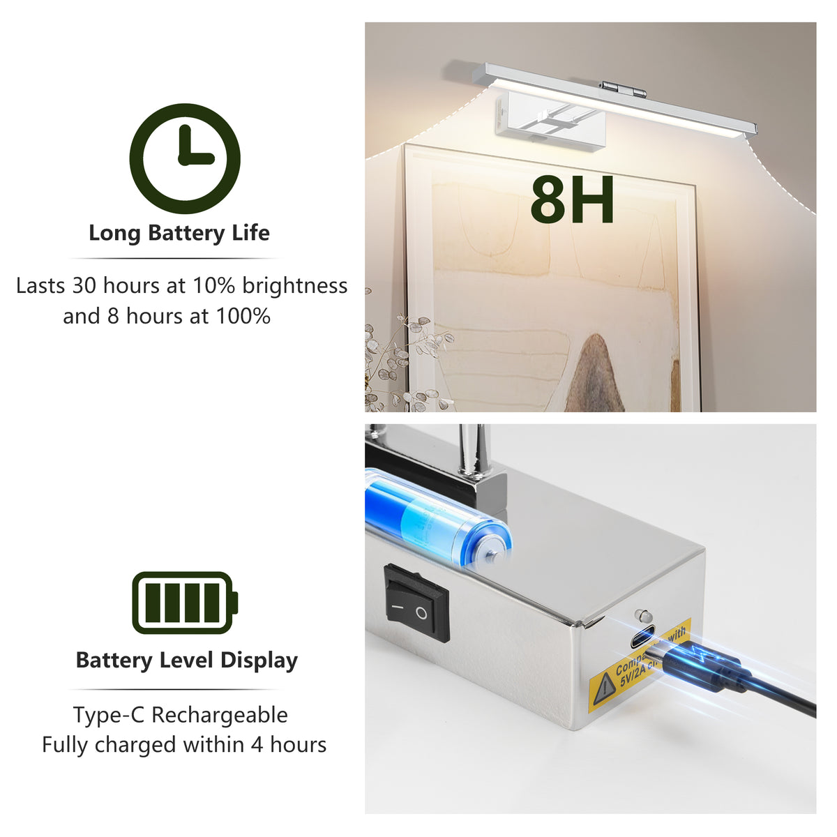 Battery Picture Light, 16 Inch Wireless LED Art Light With Remote, Chrome Metal Rechargeable Wall Sconce for Paintings and Photo Frames