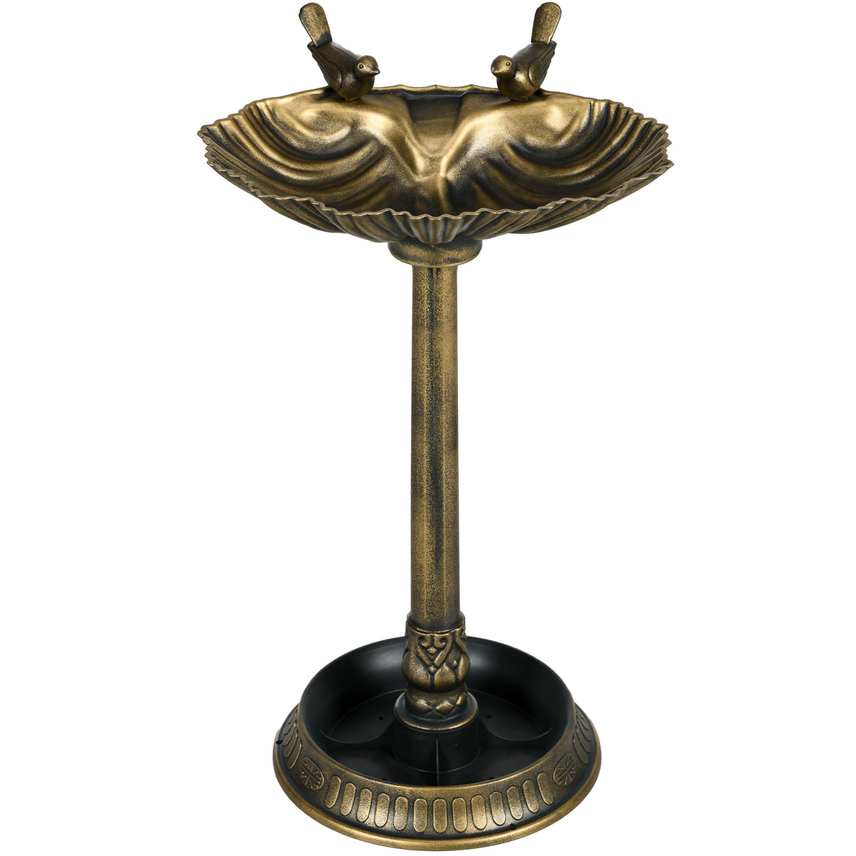 32 inch bronze pedestal bird bath with shell bowl, bird statues and planter base