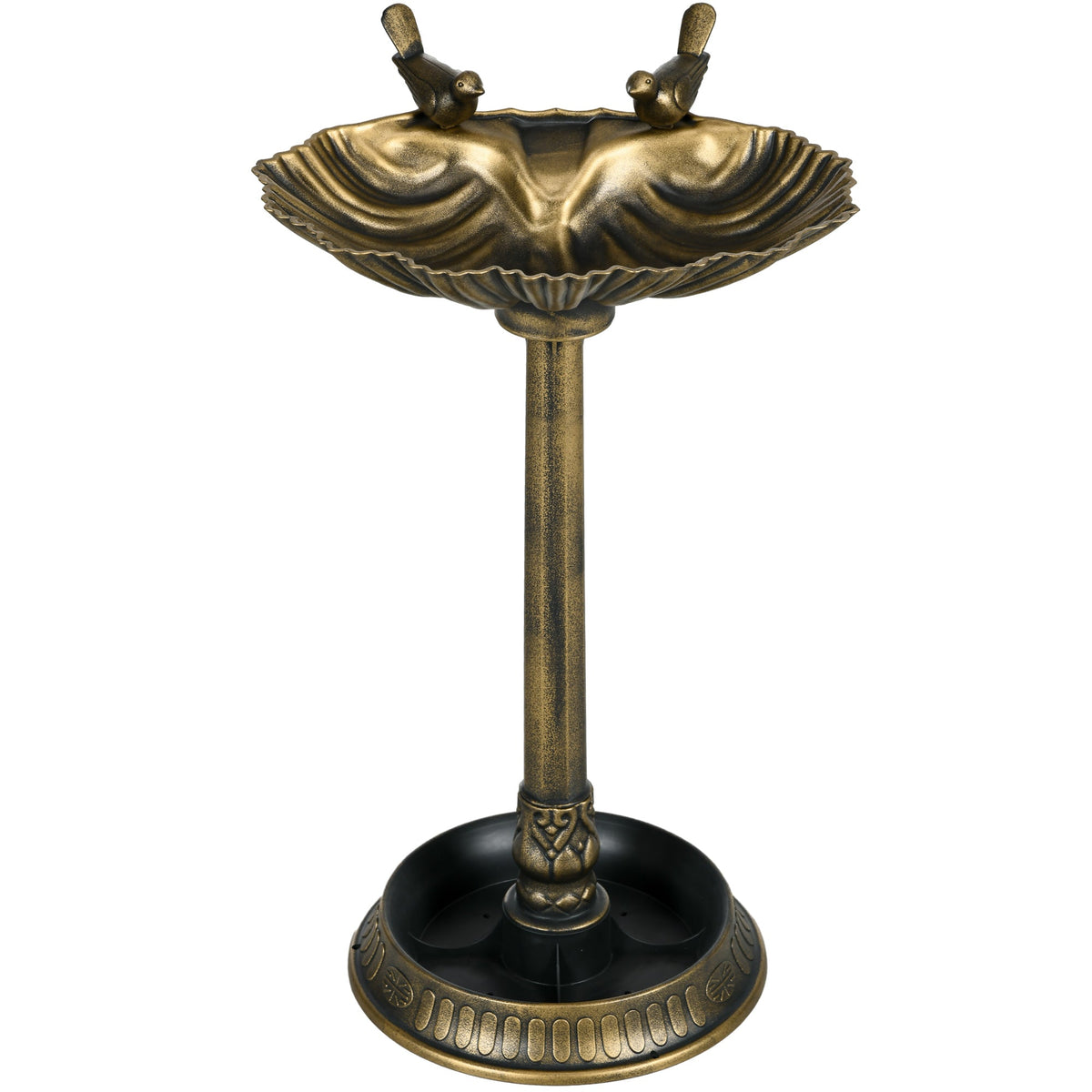 32 inch antique bronze two-basin bird bath with pedestal and bird statues