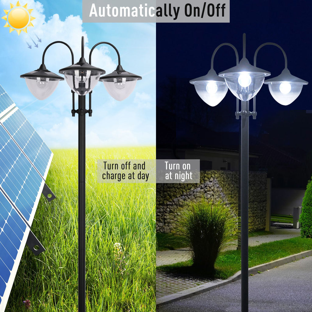 Solar Lamp Post Light with Planter Base, 74.5" 3-Head Black Outdoor LED Pole Light for Driveway, Patio, Garden and Pathway
