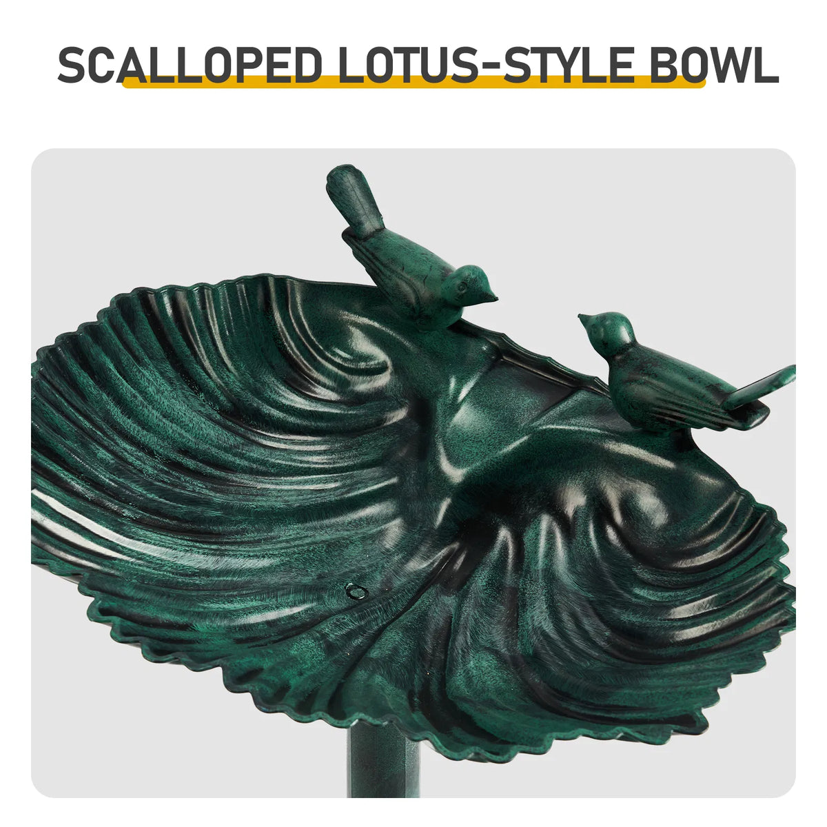 Resin Bird Bath With Solar Fountain, Dark Green Shell-Edge Basin on Pedestal, 1.4W Solar Pump, Outdoor Garden Decor