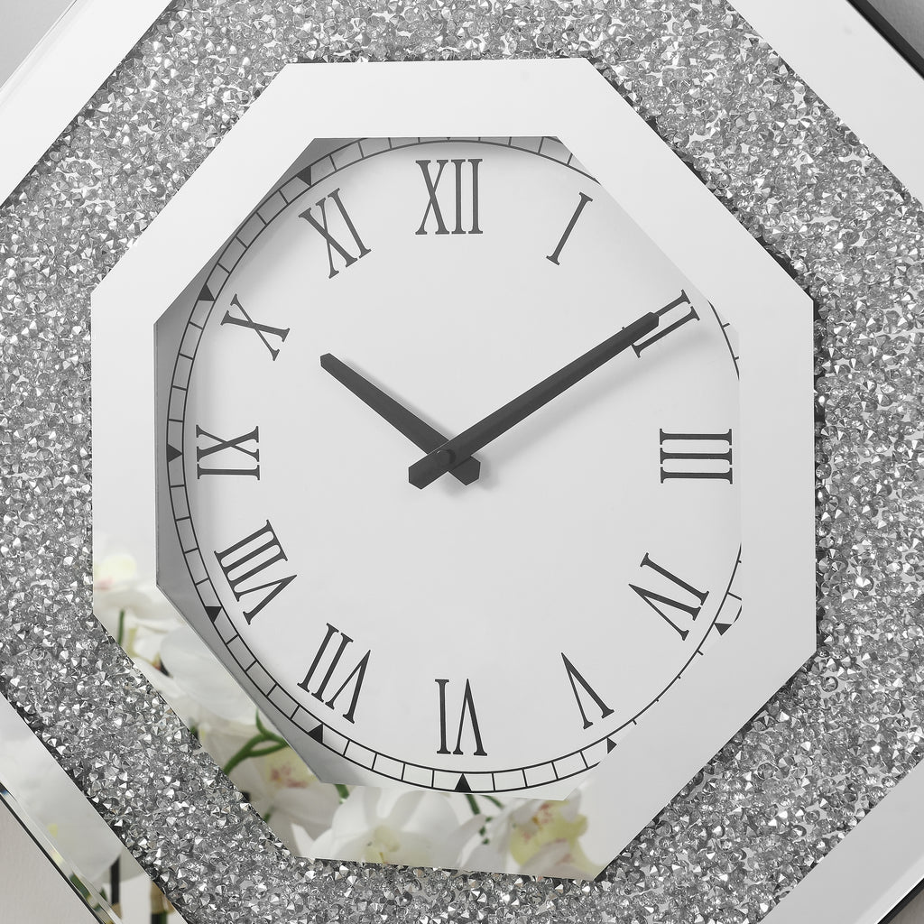Octagonal Mirrored Wall Clock, 20 Inch Silver Faux Gemstone Glam Decor With Roman Numerals