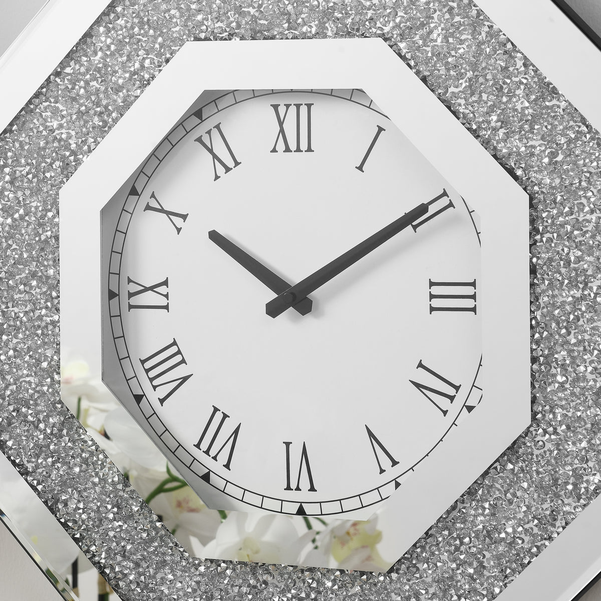 Octagonal Mirrored Wall Clock, 20 Inch Silver Faux Gemstone Glam Decor With Roman Numerals