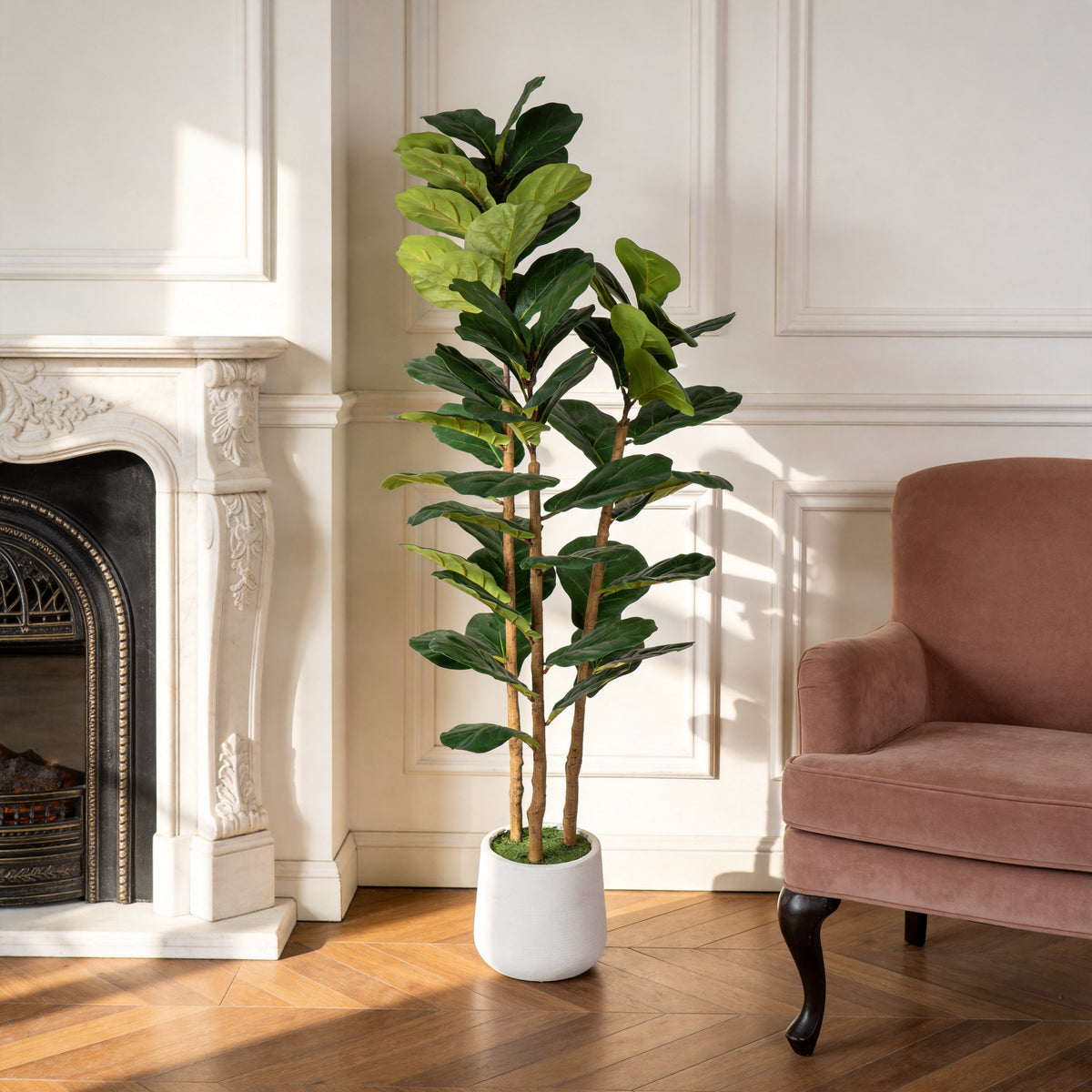 Artificial Fiddle Leaf Fig Tree 5.2 FT With White Pot, Faux Indoor Plant for Living Room, Office and Home Corner Decor