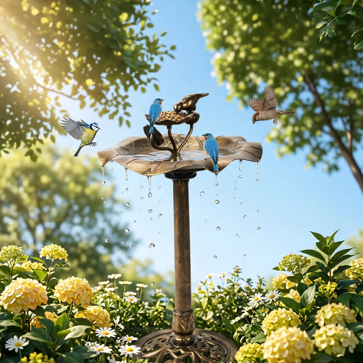 Pedestal Bird Bath with Feeder Tray, Antique Bronze Resin Lotus Leaf Basin, 50 x 50 x 86 cm Garden Birdbath