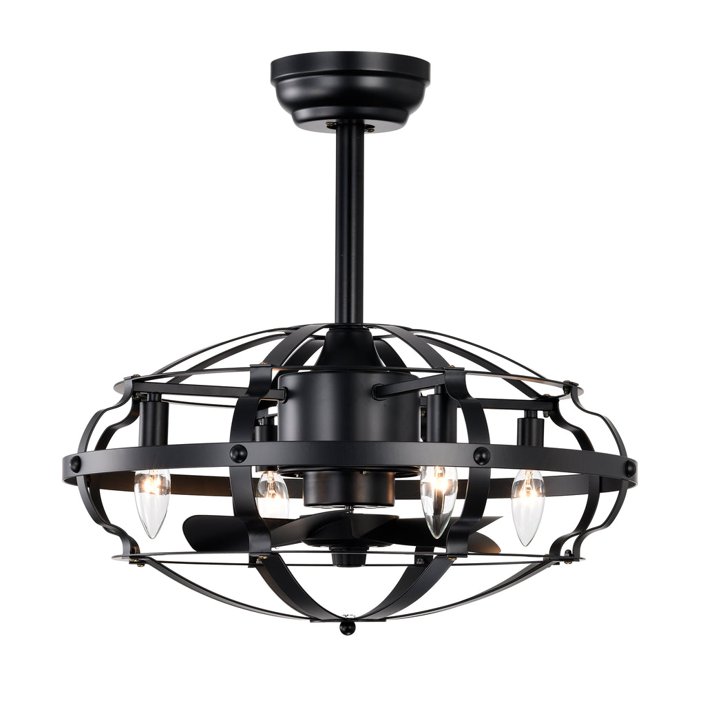 Caged Ceiling Fan With Lights, 20.63 Inch Matte Black Farmhouse Fandelier With Remote, 5 Blades, 4 Lights
