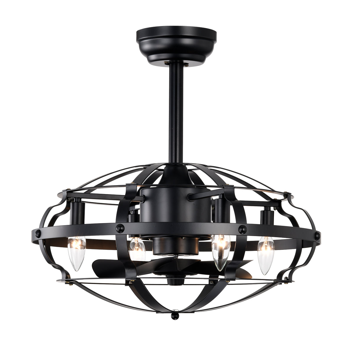 Caged Ceiling Fan With Lights, 20.63 Inch Matte Black Farmhouse Fandelier With Remote, 5 Blades, 4 Lights