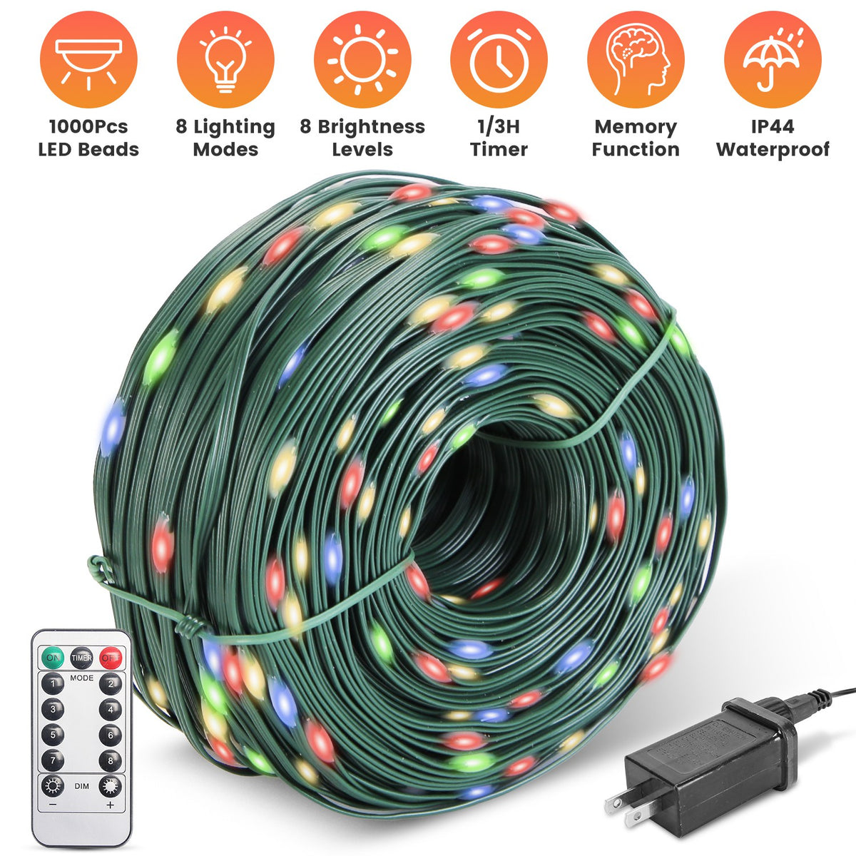 330 Ft String Lights with Remote, 1000 LED Outdoor Christmas Lights, 8 Modes, 8 Brightness Levels, Timer, Green Wire