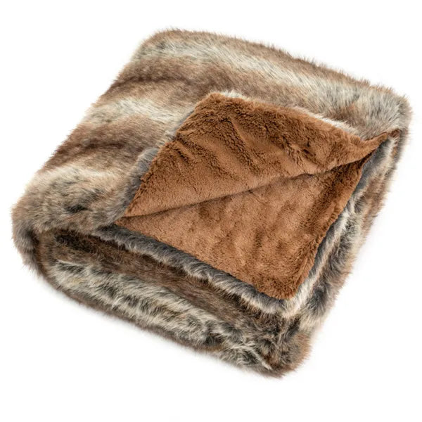 Faux Fur Throw Blanket, 60" x 80" Brown Taupe Fox Fur Blanket With Reversible Fleece Lining