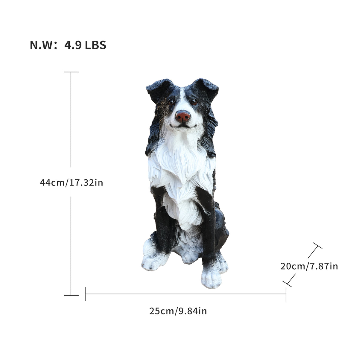 Border Collie Dog Statue, Black and White Resin Garden Greeter Sculpture, 17 in Tall Indoor Outdoor Decor