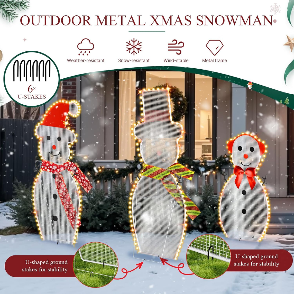 Lighted Snowman Family Christmas Yard Decorations, Set of 3 With 180 LED Lights, Metal Frame Outdoor Holiday Lawn and Porch Decor