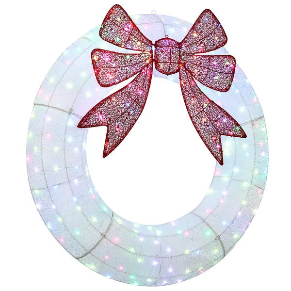 60" Lighted Christmas Wreath With Red Bow, 278 LED Color-Changing Outdoor Holiday Decoration With Remote