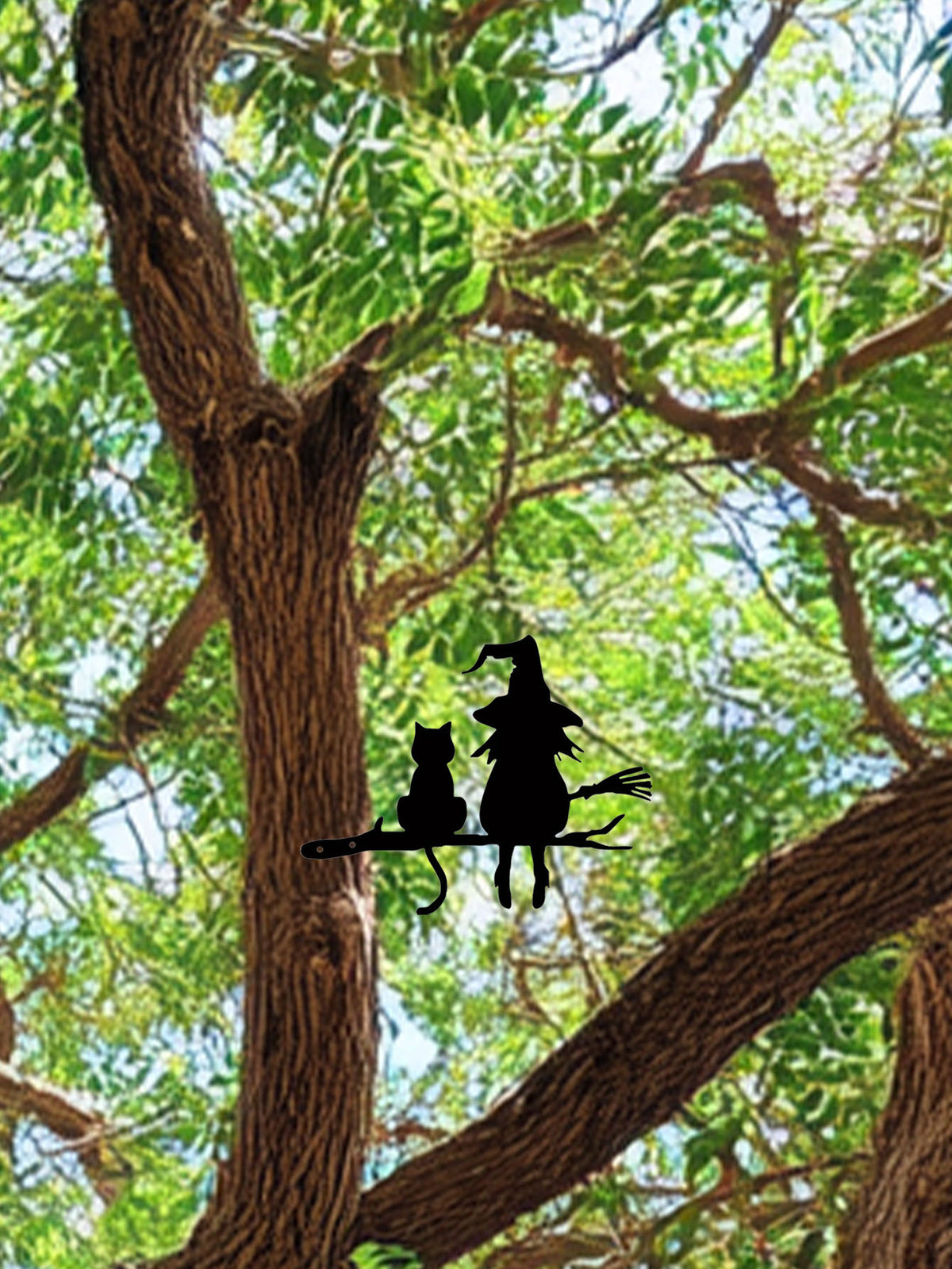 Witch and Cat Metal Silhouette Garden Stake, Black Tree Branch Yard Art Decor