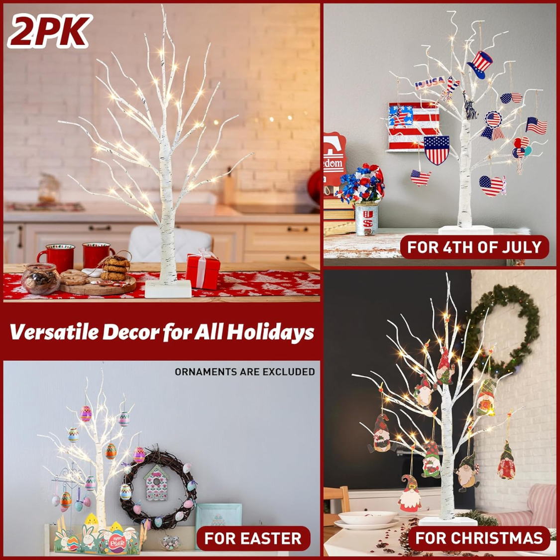 2 Ft Lighted Birch Tree With 24 Warm White LED Lights, White Battery Powered Tabletop Tree