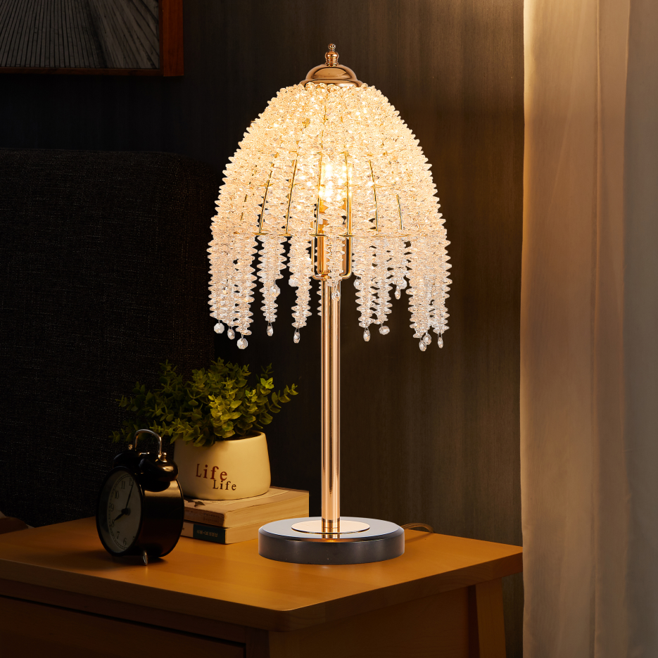 Crystal Table Lamp 19" Gold Waterfall Beaded Shade Nightstand Lamp With Marble Textured Base