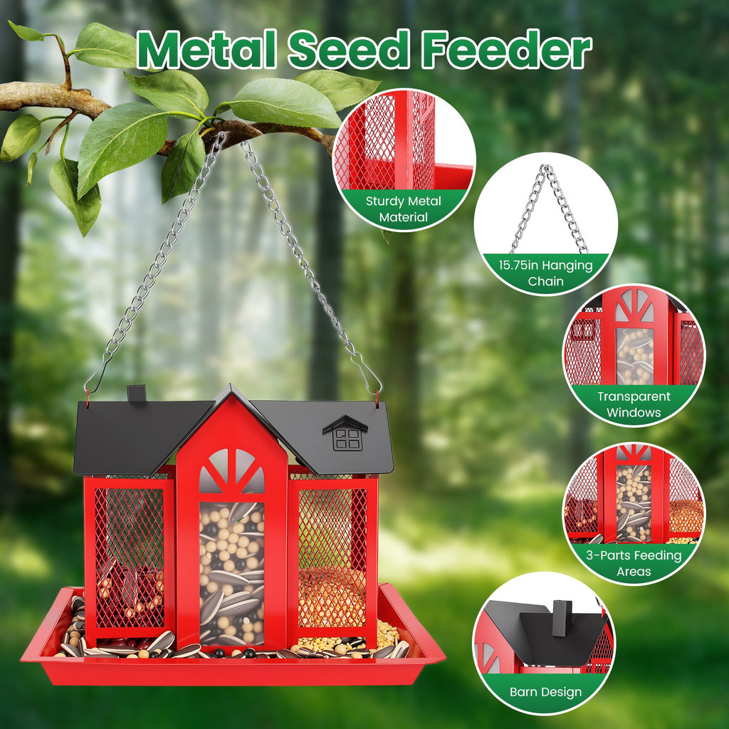 Metal Hanging Bird Feeder House, Barn Style Iron Wild Bird Seed Feeder with Visible Window and Lift-Top Lid, 15.75 in Chain, White or Red