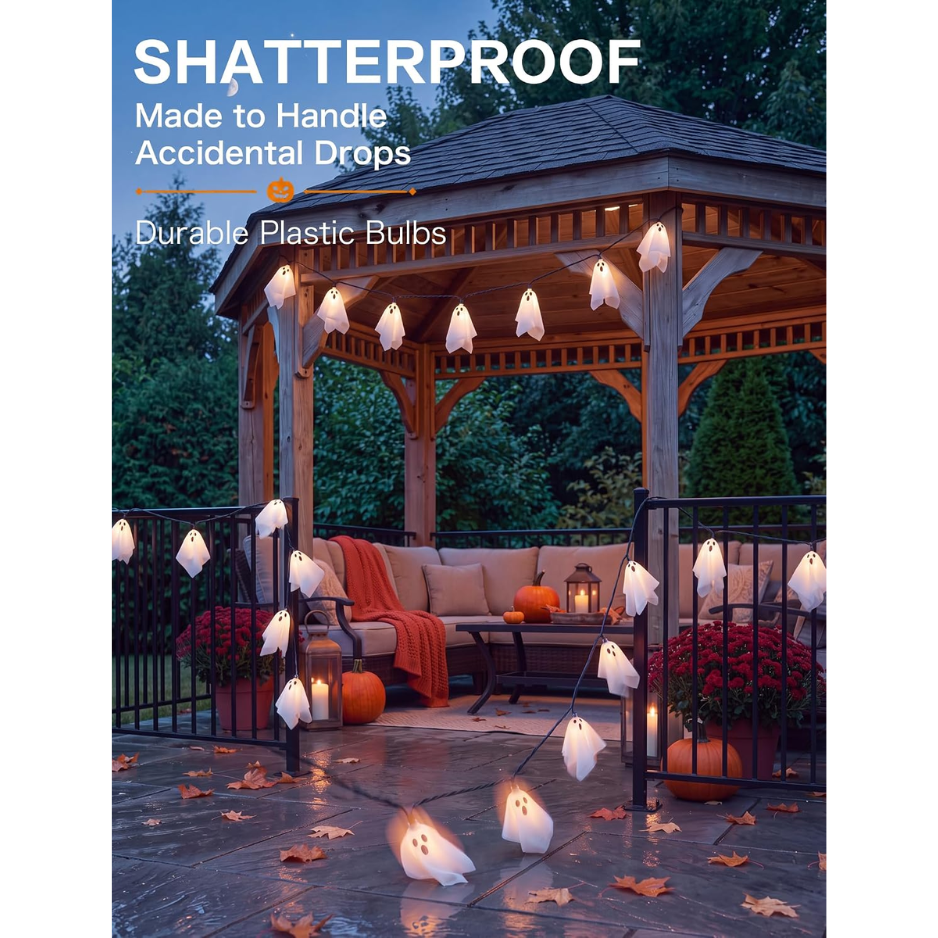 Halloween Ghost String Lights, 8.5 Ft Plug-In Strand With 10 Warm White LED Fabric Ghosts, Connectable Indoor and Covered Outdoor Decor