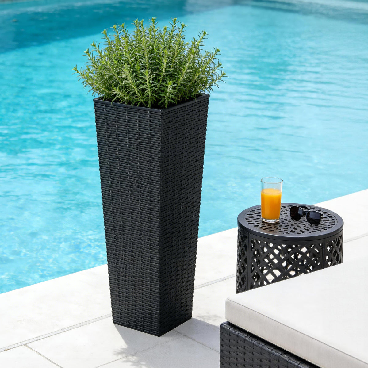 Tall Planters Set of 2, 32 Inch Black Resin Rattan Texture Outdoor Plant Pots with Removable Inner Pots and Drainage Holes