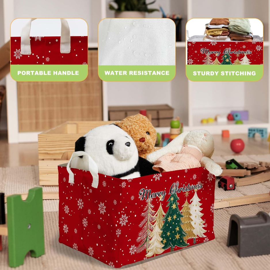 Christmas Storage Basket, Red Canvas Foldable Storage Bin With Handles, 15 x 10 x 8.6 Inch Holiday Laundry Hamper