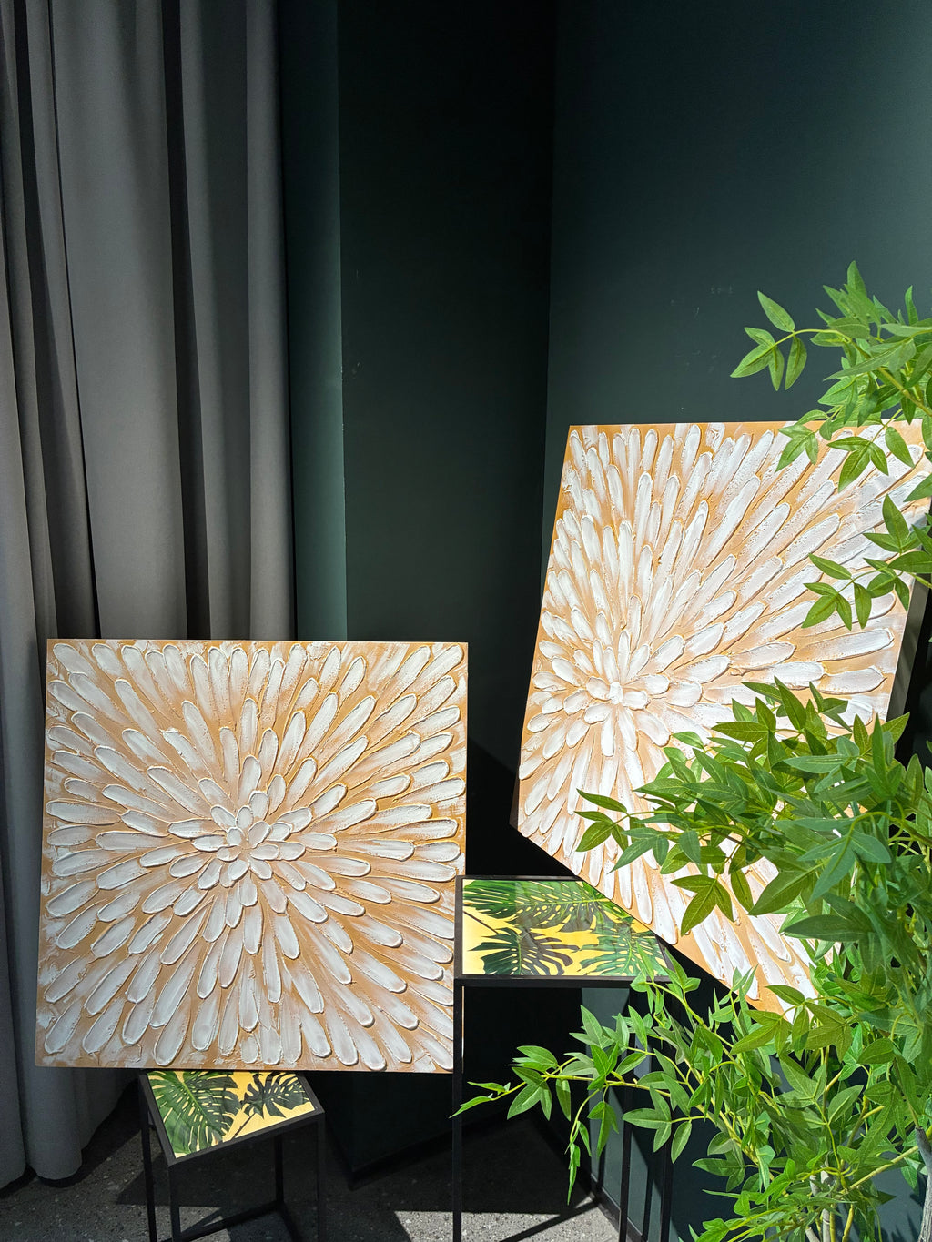 Textured Floral Canvas Wall Art, Set of 2, 32x32 in Antique White and Gold Hand-Painted Impasto Flower Paintings