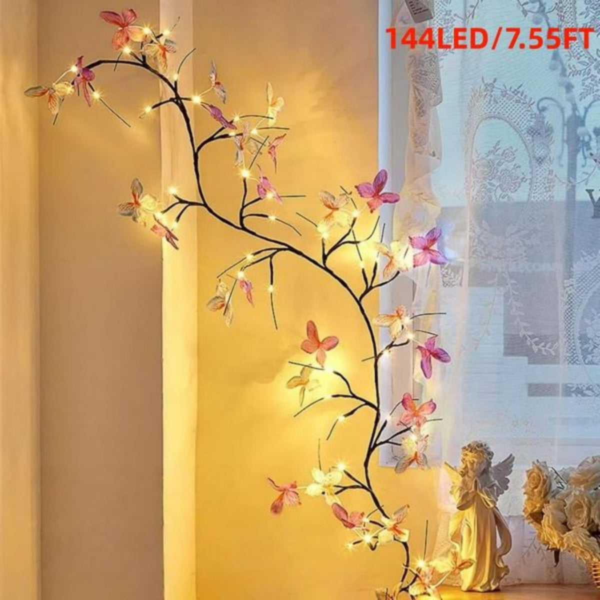 Lighted willow vine garland with maple leaves and 3D butterflies