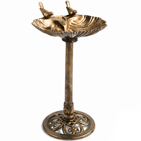 Antique Bronze Bird Bath With Solar Fountain, Resin Pedestal Birdbath With Shell Edge, 50x36x81 cm