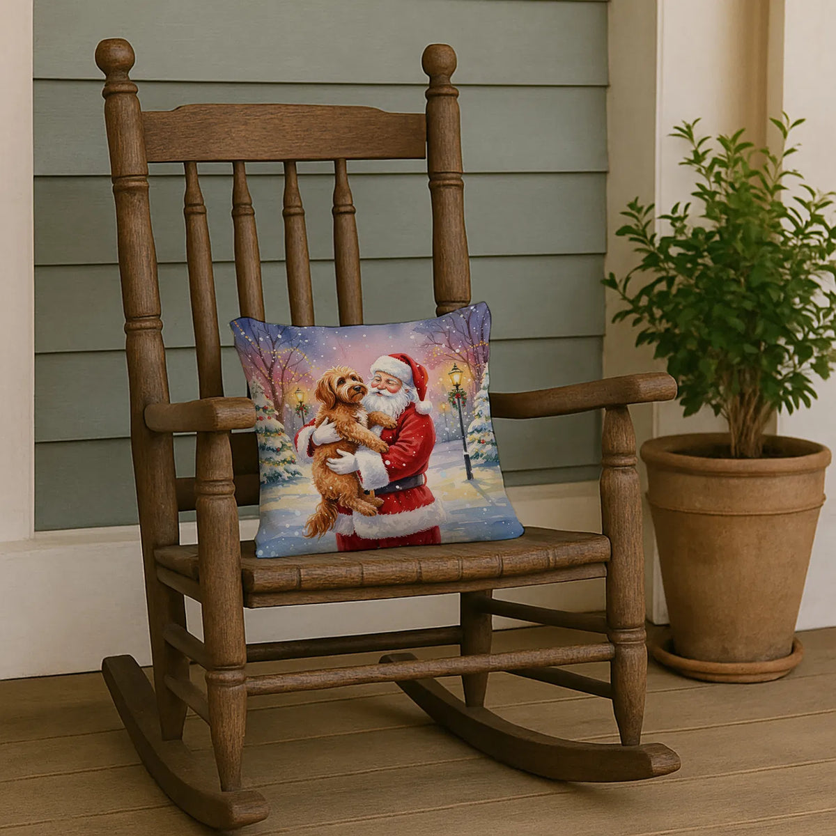 Labradoodle With Santa Throw Pillow, 14x14 Water-Resistant Indoor Outdoor Christmas Accent Cushion for Couch or Patio