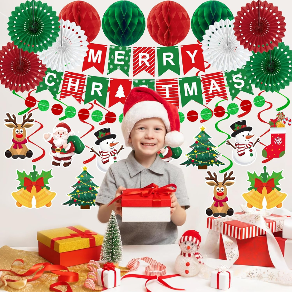 Christmas Party Decoration Set, 25 Pieces, Merry Christmas Banner With Paper Fans, Honeycomb Balls, Swirls and Dot Garland in Red, Green and White