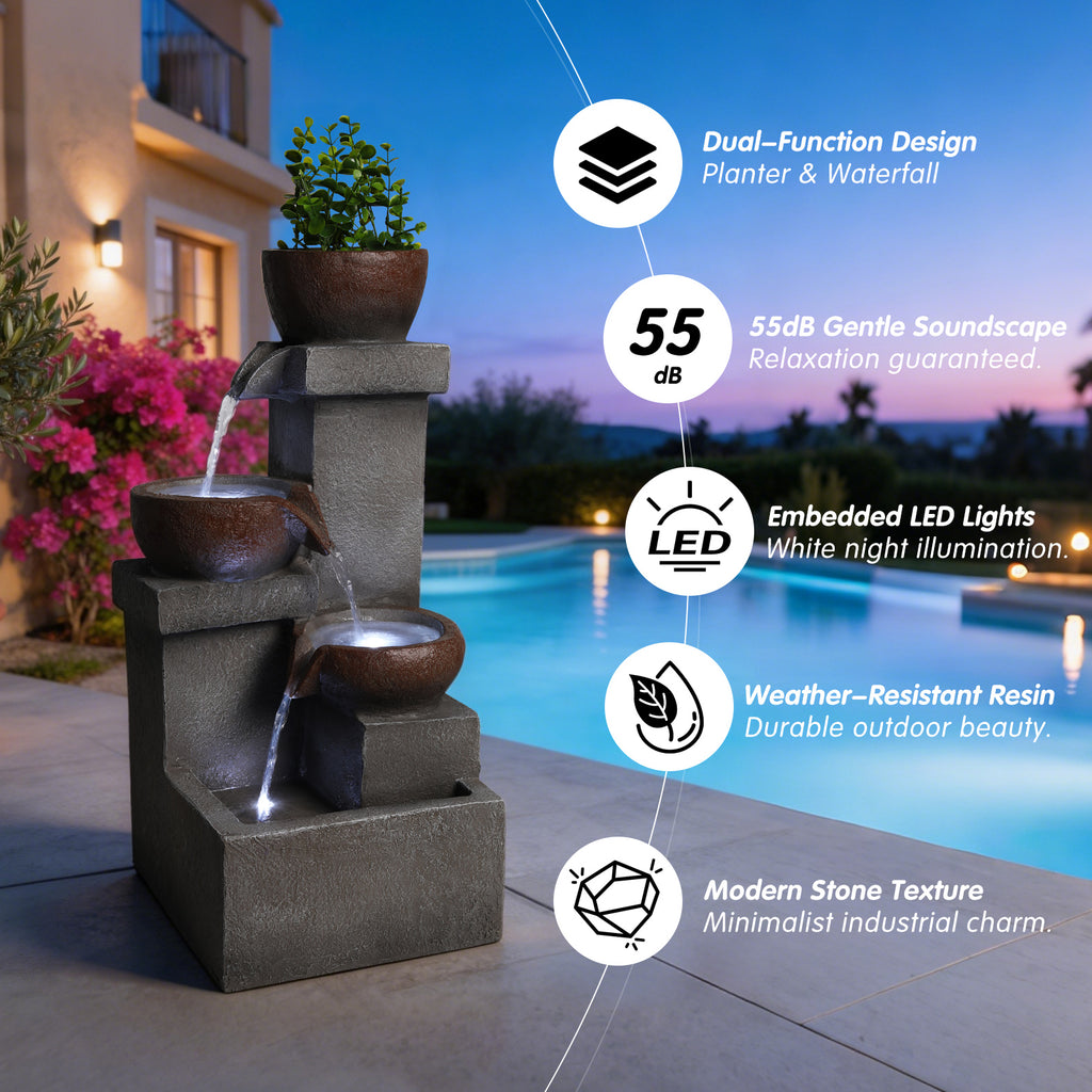 Outdoor Water Fountain With LED Lights, 23.6 in. Tiered Cascading Resin Garden Waterfall With Planter, Gray Stone Look