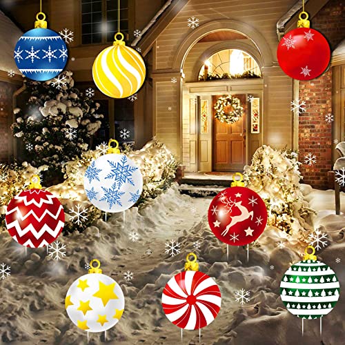 Christmas Ball Yard Signs, 9 Piece Outdoor Ornament Decorations With Stakes and Hanging Cord, Double-Sided PVC