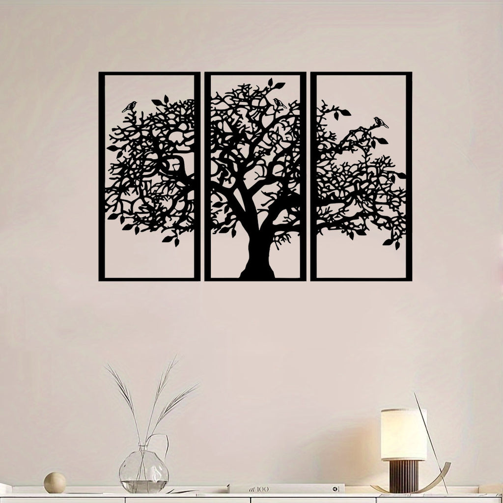 3-Piece Tree of Life Metal Wall Art, Black Wrought Iron Triptych Wall Hanging Decor