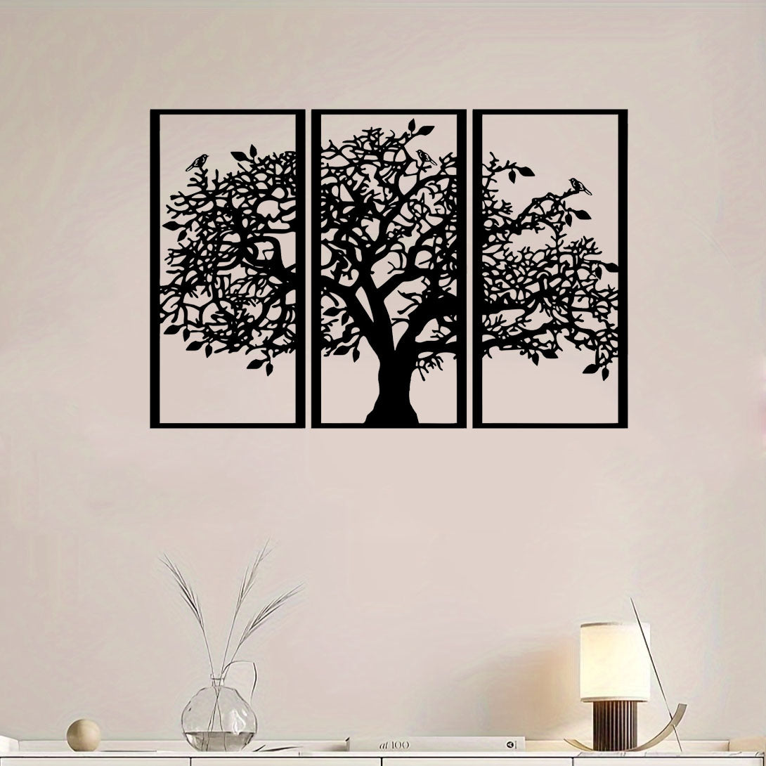 3-Piece Tree of Life Metal Wall Art, Black Wrought Iron Triptych Wall Hanging Decor