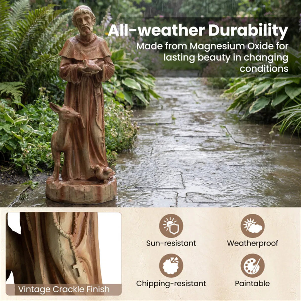 Saint Francis Garden Statue With Built-In Bird Feeder, 24.5" Brown Magnesium Oxide Outdoor Sculpture