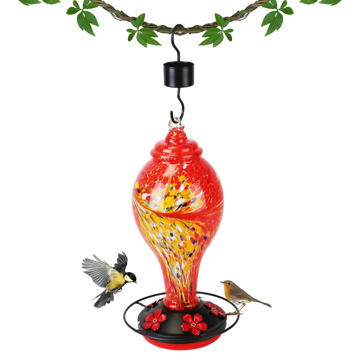 Hand Blown Glass Hummingbird Feeder, 33 oz With 5 Flower Feeding Ports, Perch, Ant Moat Hook and Cleaning Brush