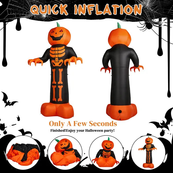 12 Ft Inflatable Halloween Pumpkin Skeleton Reaper Yard Decoration With LED and String Lights, Black and Orange
